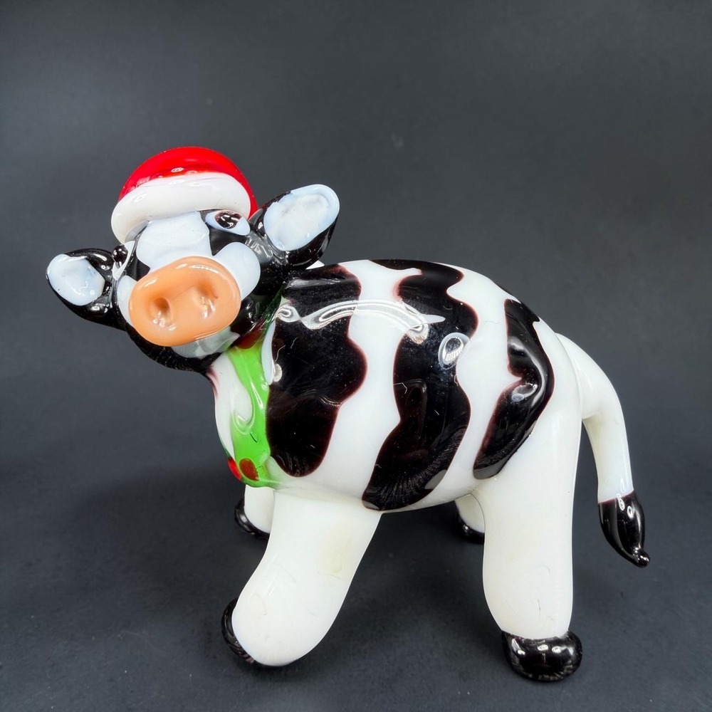 Pier 1 Glass Cow Figurine Santa Hat Christmas Holiday Miniature 3 inch Figure
